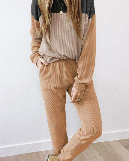 Khaki Colorblock Stylish Lounge Ensemble with Comfy Jogger Bottoms