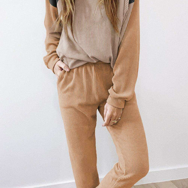 Khaki Colorblock Stylish Lounge Ensemble with Comfy Jogger Bottoms