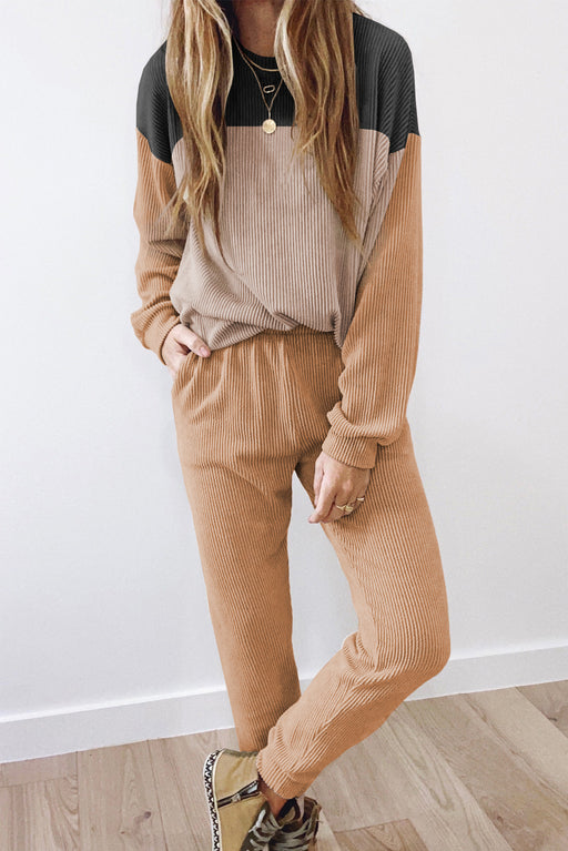 Khaki Colorblock Lounge Set with Cozy Corded Joggers