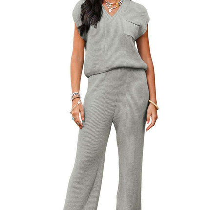 Elegant Knit V Neck Sweater and Flowing Trousers Ensemble