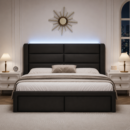 Queen Upholstered Bed Frame with LED Lighting & Faux Leather Headboard — No Box Spring Needed Platform Beds & Bed Frames queen-upholstered-bed-frame-with-led-lights-faux-leather-no-box-spring-needed-black Furniture > Bedroom Furniture > Beds & Bed Frames