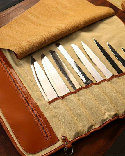 Stylish Faux Leather Knife Organizer - Portable and Wall-Mountable Culinary Storage Solution