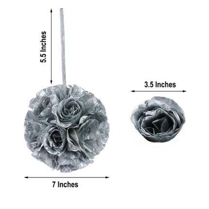 AliKopy 2 Pack 7" Silver Artificial Silk Rose Kissing Ball - Elegant D
