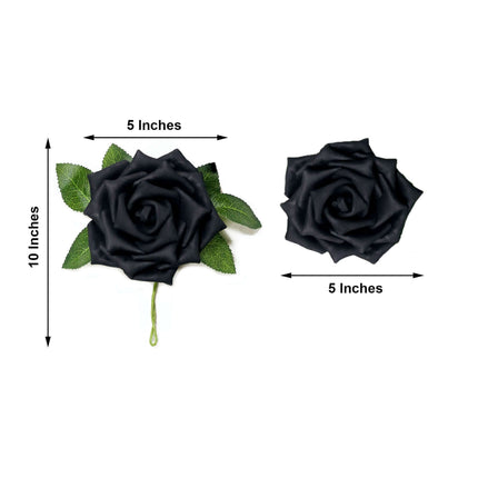 AliKopy 24 Black Foam Roses - 5" with Stem Wire & Realistic Leaves