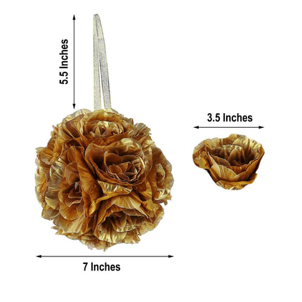 AliKopy 2 Pack 7" Gold Silk Rose Kissing Ball - Elegant Faux Flowers