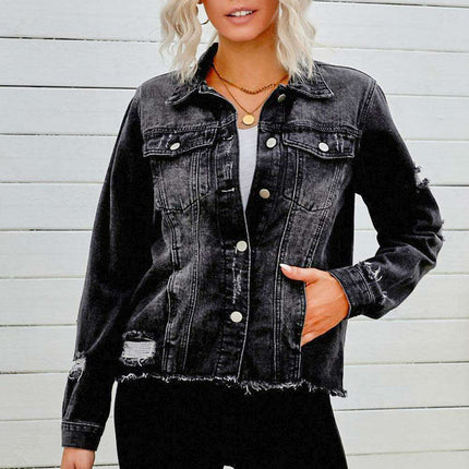 Distressed Cropped Denim Jacket with Edgy Raw Hem