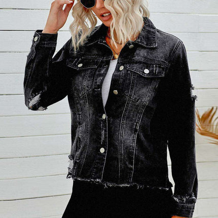 Distressed Cropped Denim Jacket with Edgy Raw Hem
