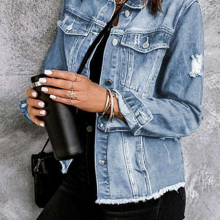 Distressed Cropped Denim Jacket with Edgy Raw Hem