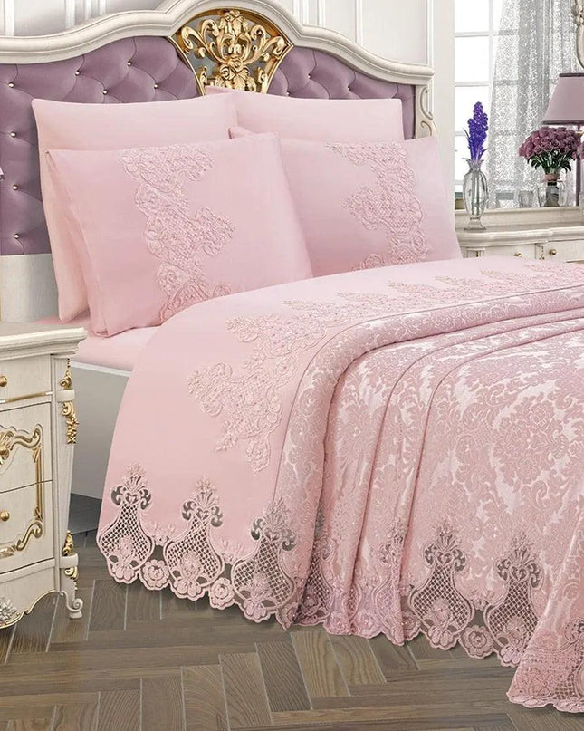Luxurious 6-Piece Powder Bedding Collection with Exquisite Lace from Dubai