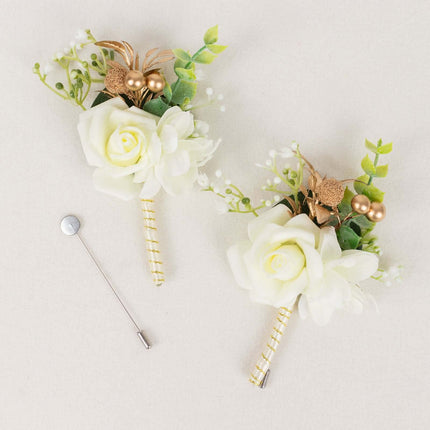 AliKopy 2 Pack White Silk Rose Boutonniere, Real Touch, Pin Included