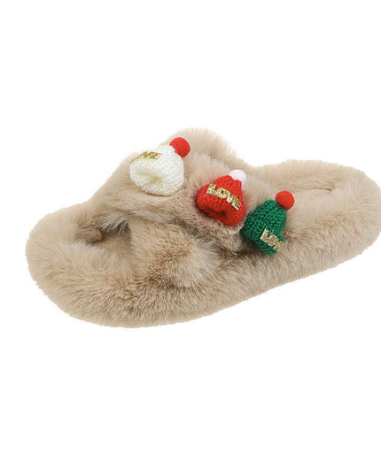 Christmas Hat Fluffy Slippers Women's Warm Toe Covering Cotton Slippers