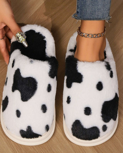 Adorable Cow Print Plush Slippers for Couples - Cozy Non-Slip Fuzzy House Shoes for Winter