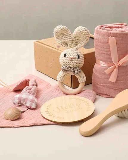 Adorable Baby Gift Set: Cotton Bath Towel, Crochet Rattle, and Accessories for Kids