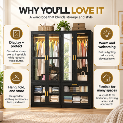 TideRise 4-Door Armoire Wardrobe with LED & Mirror, 71" Black Closet Hinged Door Wardrobes 4-door-armoire-wardrobe-w-led-mirror-71-wood-closet-for-bedroom-2-drawers-hanging-rod-black