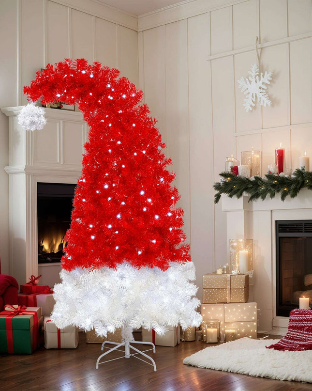 6FT Artificial Christmas Tree With LED Light, Santa's Hat Shape Artificial Whimsical Xmas Tree With 1050 Tip, Curved Xmax Tree