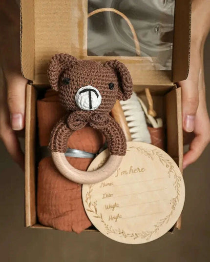 Adorable Baby Gift Set: Cotton Bath Towel, Crochet Rattle, and Accessories for Kids