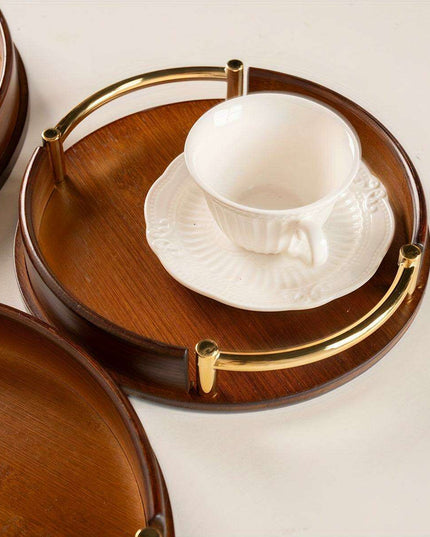 Chic Round Bamboo and Wood Serving Tray with Sturdy Metal Handle - Space-Saving Stackable Ottoman for Home Style