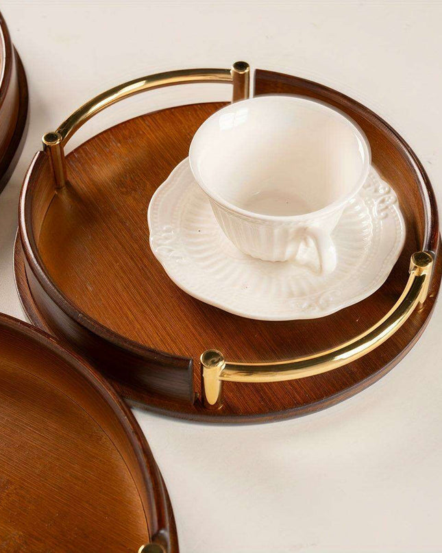 Chic Round Bamboo and Wood Serving Tray with Sturdy Metal Handle - Space-Saving Stackable Ottoman for Home Style