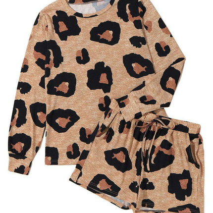 Chic Leopard Print Lounge Set: Long Sleeve Pullover and Shorts Combo