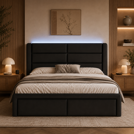 Queen Upholstered Bed Frame with LED Lighting & Faux Leather Headboard — No Box Spring Needed Platform Beds & Bed Frames queen-upholstered-bed-frame-with-led-lights-faux-leather-no-box-spring-needed-black Furniture > Bedroom Furniture > Beds & Bed Frames