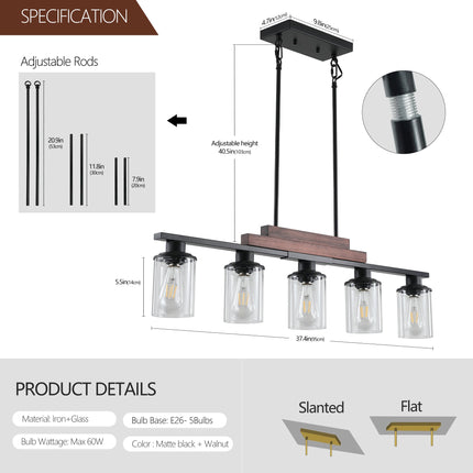 Room & Decor Farmhouse Industrial 5-Light Pendant, Adjustable Height,