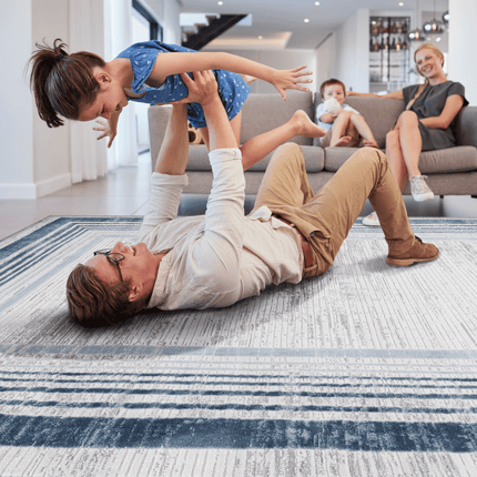 Room & Decor Blue Ivory Bordered Area Rug - Non-Shedding & Stain Resis