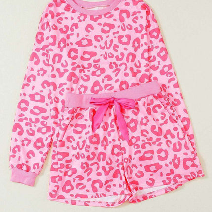 Chic Satin Pink Leopard Print Pajama Set with Bow and Shorts for Ultimate Comfort