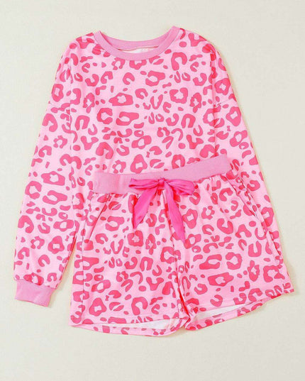 Chic Satin Pink Leopard Print Pajama Set with Bow and Shorts for Ultimate Comfort