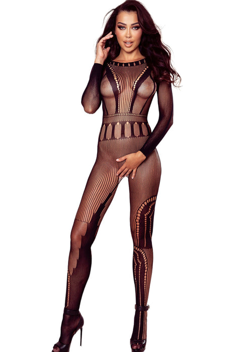 Noir Elegance: Sleek Fishnet Body Stocking with Intricate Hollow-Out Detail