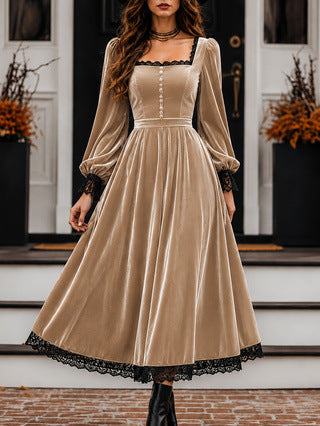 Peekaboo Studio Square-neck Velvet Dress with Lace Panels and Sleeves