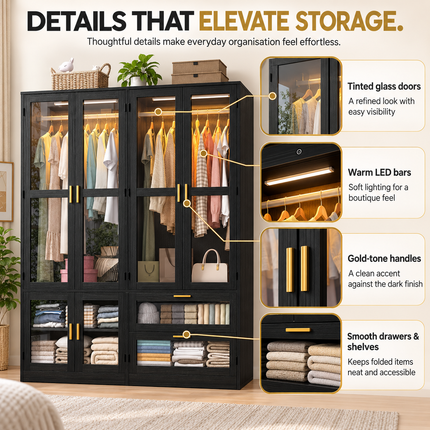 TideRise 4-Door Armoire Wardrobe with LED & Mirror, 71" Black Closet Hinged Door Wardrobes 4-door-armoire-wardrobe-w-led-mirror-71-wood-closet-for-bedroom-2-drawers-hanging-rod-black