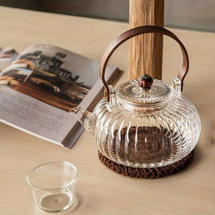 800ML Borosilicate Glass Teapot with Wooden Handle and Built-in Strainer for Effortless Stovetop Brewing