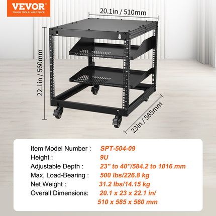 VEVOR 9U 4 Post Open Frame Server Rack - Adjustable Height & Durable D