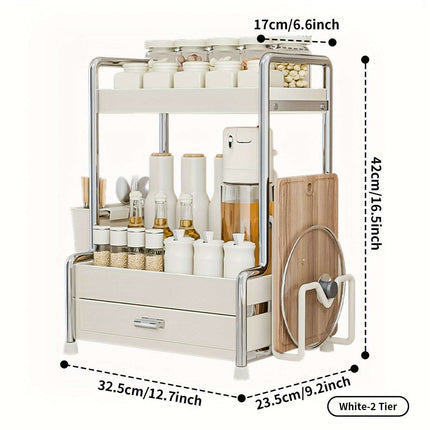 Elegant Milk White Stainless Steel Spice Organizer with Drawers, Chopping Board, and Utensil Holder for Home and Commercial Kitchens