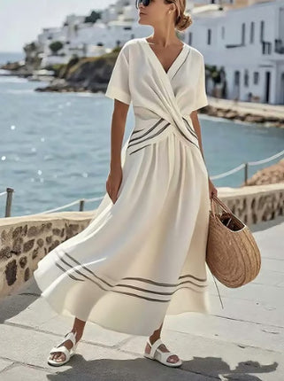 Peekaboo Studio Women's Boho Striped V Neck Pleated A-Line Dress