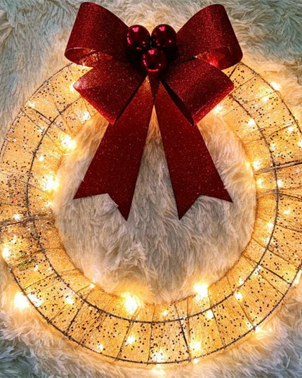 Christmas Garland 50CM Luminous LED Warm Light Metal Luminous Wreath With Big Bowknot Christmas Front Door Home Holiday Party Door Hanging Decor