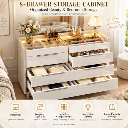 8-Drawer High Gloss Dresser with LED Light, Glass Top & Jewellery Drawers — 47.2" Dressers 47-2-8-drawer-dresser-with-led-light-modern-high-gloss-chest-of-drawers-with-glass-tabletop-2-six-grid-jewelry-drawers-for Furniture > Bedroom Furniture > Dressers & Chests of Drawers