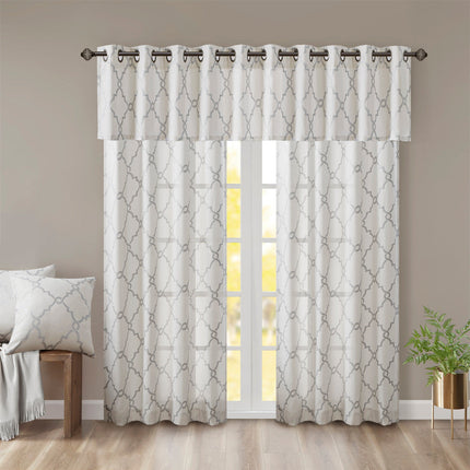 Room and Decor Fretwork Print Grommet Top Valance, Ivory Grey, 50x18