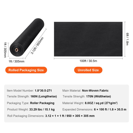 VEVOR 6x100FT Non-Woven Geotextile Fabric - Durable Weed Control Cover