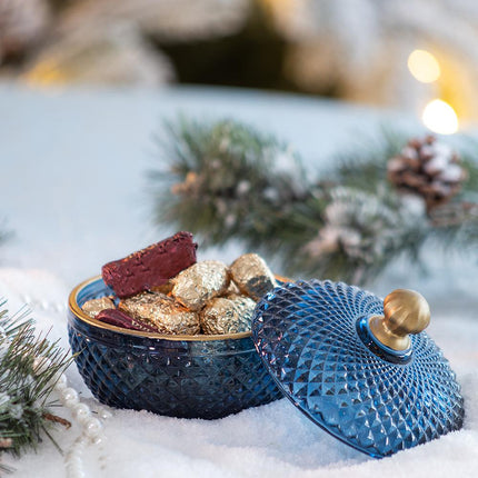 Room & Decor S2 Blue Gold Glass Candy Jar with Lid - Christmas Decor