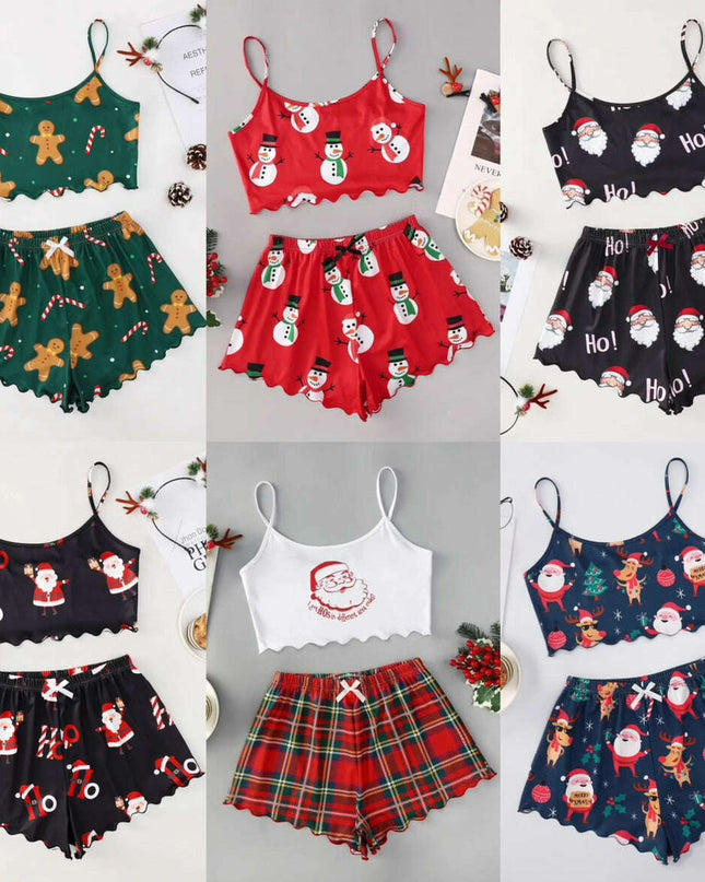 Christmas European And American Thin Pajamas Women's Sleeveless Shorts Milk Silk Simple Casual Two-piece Suit Homewear