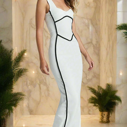 Turn Line Trim Bodycon Stretch Maxi Dress