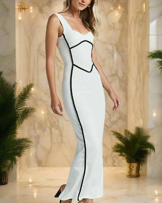 Turn Line Trim Bodycon Stretch Maxi Dress