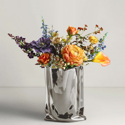 Electroplated Silver Ceramic Vase For Dried Flowers And Floral Decor