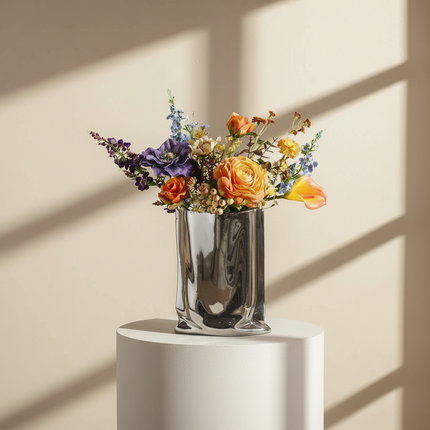 Electroplated Silver Ceramic Vase For Dried Flowers And Floral Decor