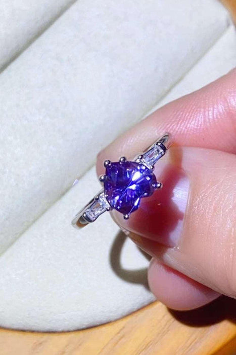 Platinum Heart Ring with Purple Moissanite and Zircon Accents - A Mesmerizing Symbol of Love