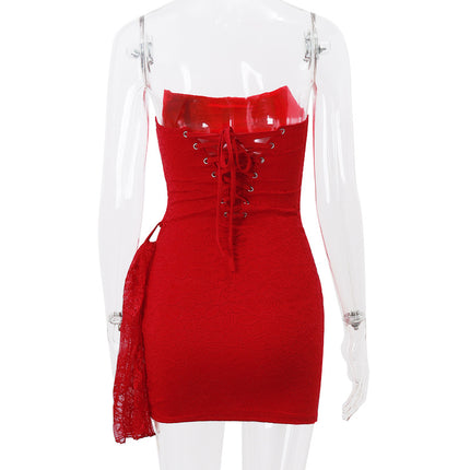 Peekaboo Studio Strapless Lace Dress with Back Lace-up & Slim Fit