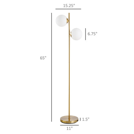 Homcom Modern Floor Lamp with 2 Glass Shades, White Gold Metal Design