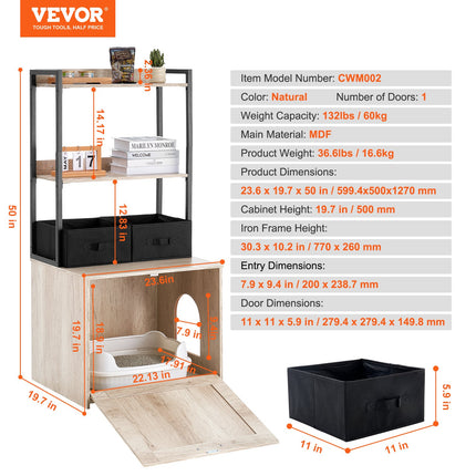 Peekaboo Studio VEVOR Cat Litter Box Enclosure with 2 Shelves & Basket