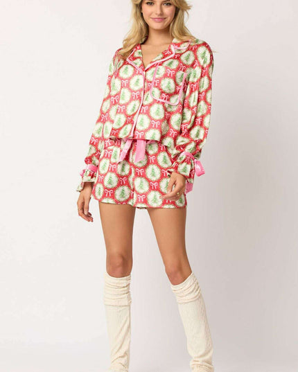 2 Pcs Women's Christmas Pajama Set Santa Tree Print Lapel Neck Button-up Long Sleeve Tops Shorts Loungewear Outfit